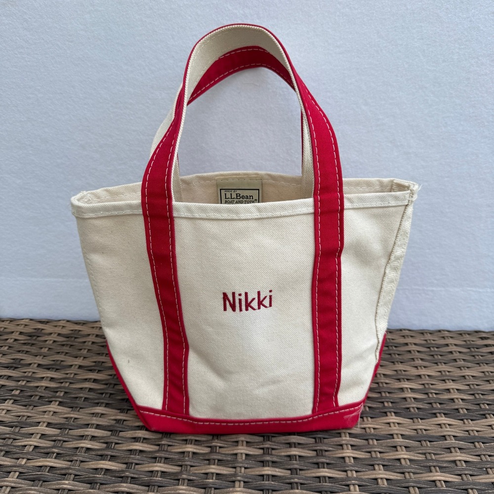 LL Bean Boat and Tote Bag Natural Red Canvas USA Made Nikki Embroidered Open Top